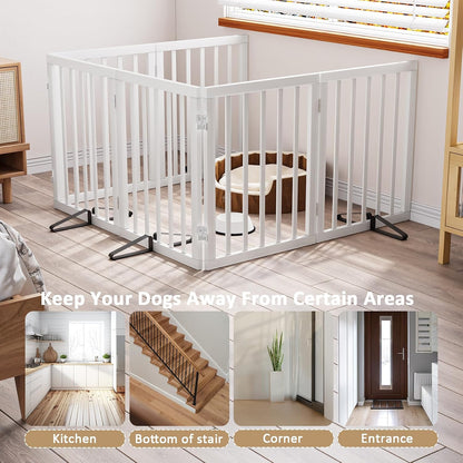 Wooden Dog Gate Freestanding Foldable 4 Panel Pet Gates Extra Wide Dog Gates for Indoor Doorways Stairs 24in Height Support Feet Included
