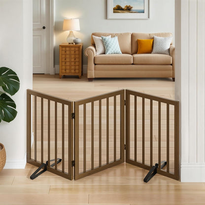 Wooden Dog Gate Freestanding Foldable 4 Panel Pet Gates Extra Wide Dog Gates for Indoor Doorways Stairs 24in Height Support Feet Included