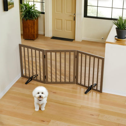Wooden Dog Gate Freestanding Foldable 4 Panel Pet Gates Extra Wide Dog Gates for Indoor Doorways Stairs 24in Height Support Feet Included
