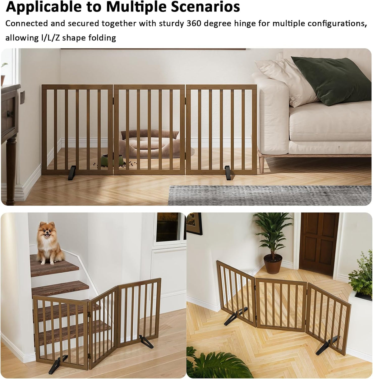 Wooden Dog Gate Freestanding Foldable 4 Panel Pet Gates Extra Wide Dog Gates for Indoor Doorways Stairs 24in Height Support Feet Included