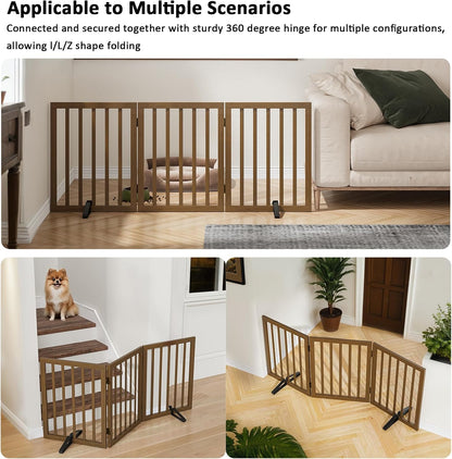 Wooden Dog Gate Freestanding Foldable 4 Panel Pet Gates Extra Wide Dog Gates for Indoor Doorways Stairs 24in Height Support Feet Included