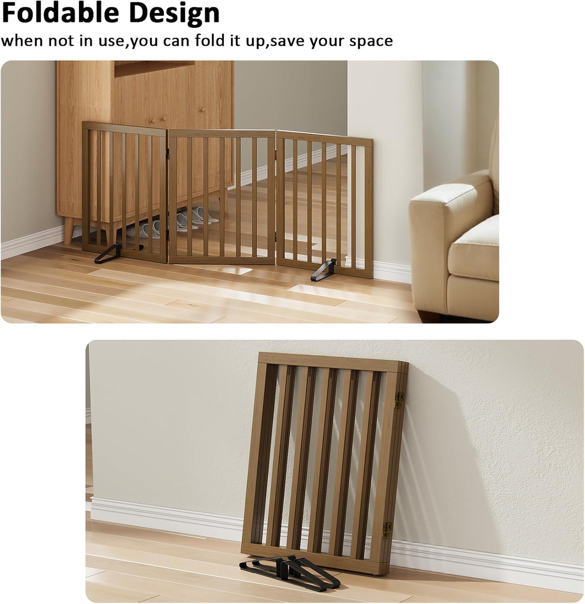 Wooden Dog Gate Freestanding Foldable 4 Panel Pet Gates Extra Wide Dog Gates for Indoor Doorways Stairs 24in Height Support Feet Included