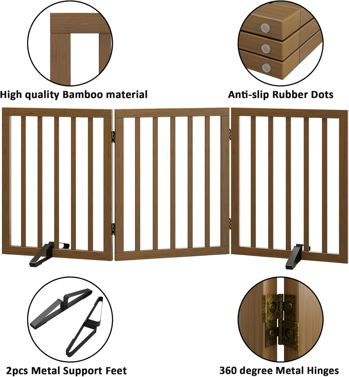 Wooden Dog Gate Freestanding Foldable 4 Panel Pet Gates Extra Wide Dog Gates for Indoor Doorways Stairs 24in Height Support Feet Included