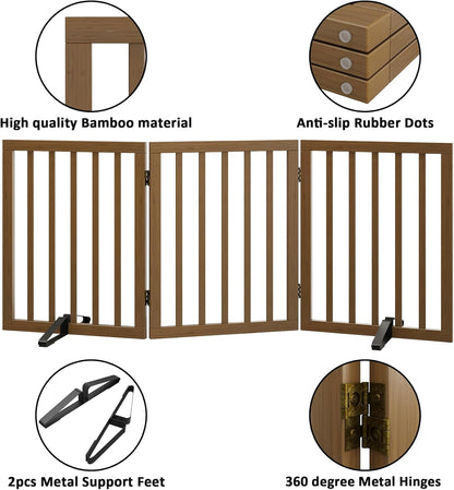 Wooden Dog Gate Freestanding Foldable 4 Panel Pet Gates Extra Wide Dog Gates for Indoor Doorways Stairs 24in Height Support Feet Included
