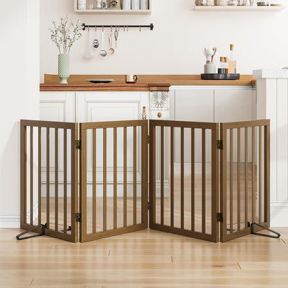 Wooden Dog Gate Freestanding Foldable 4 Panel Pet Gates Extra Wide Dog Gates for Indoor Doorways Stairs 24in Height Support Feet Included