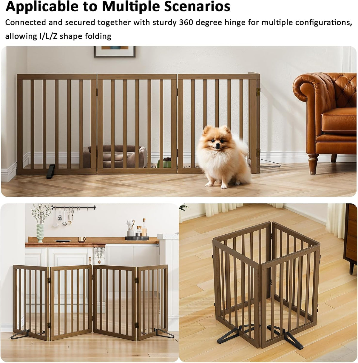 Wooden Dog Gate Freestanding Foldable 4 Panel Pet Gates Extra Wide Dog Gates for Indoor Doorways Stairs 24in Height Support Feet Included