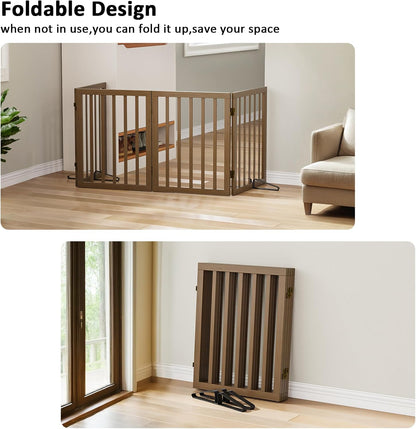 Wooden Dog Gate Freestanding Foldable 4 Panel Pet Gates Extra Wide Dog Gates for Indoor Doorways Stairs 24in Height Support Feet Included