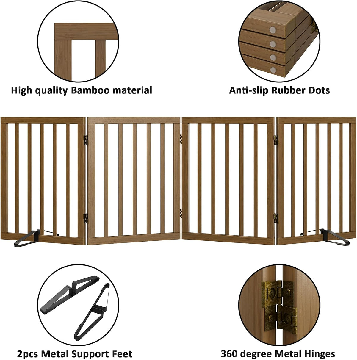 Wooden Dog Gate Freestanding Foldable 4 Panel Pet Gates Extra Wide Dog Gates for Indoor Doorways Stairs 24in Height Support Feet Included