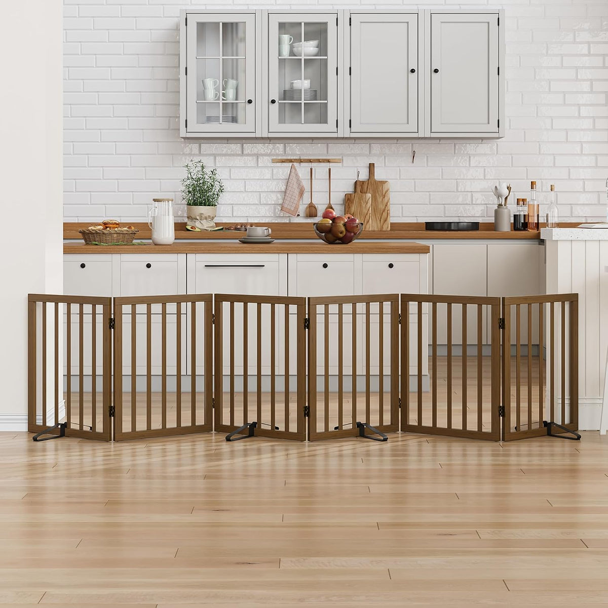 Wooden Dog Gate Freestanding Foldable 4 Panel Pet Gates Extra Wide Dog Gates for Indoor Doorways Stairs 24in Height Support Feet Included