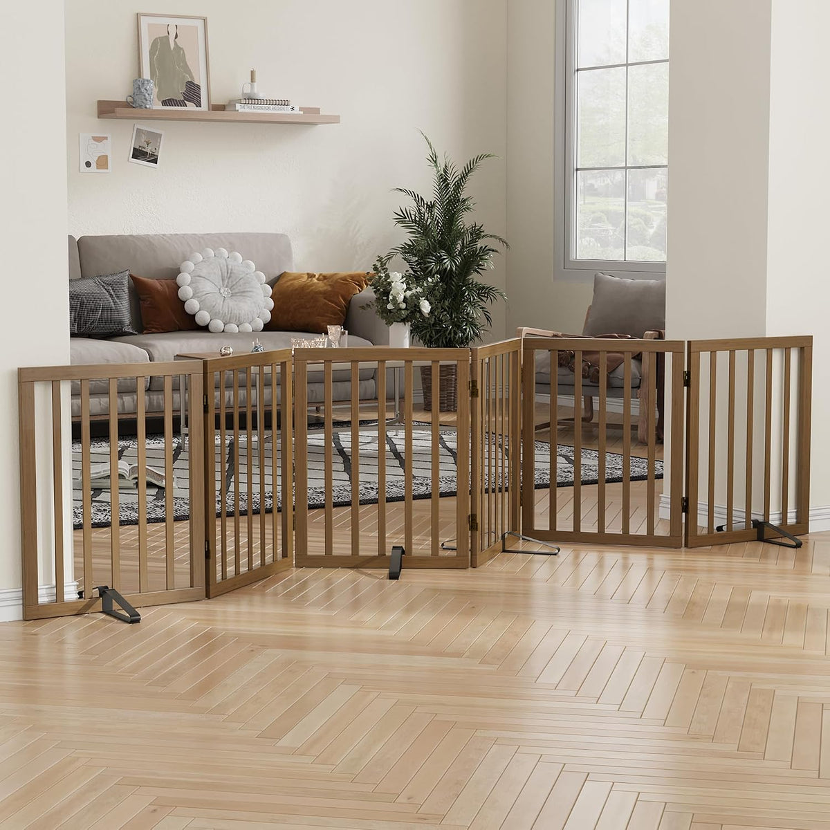 Wooden Dog Gate Freestanding Foldable 4 Panel Pet Gates Extra Wide Dog Gates for Indoor Doorways Stairs 24in Height Support Feet Included