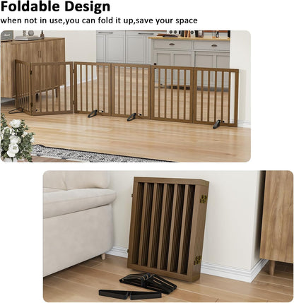 Wooden Dog Gate Freestanding Foldable 4 Panel Pet Gates Extra Wide Dog Gates for Indoor Doorways Stairs 24in Height Support Feet Included