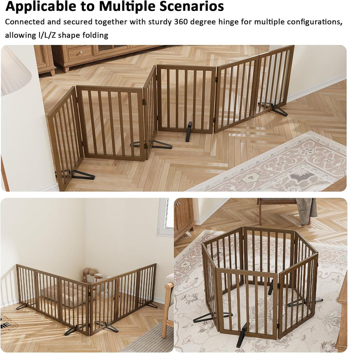 Wooden Dog Gate Freestanding Foldable 4 Panel Pet Gates Extra Wide Dog Gates for Indoor Doorways Stairs 24in Height Support Feet Included
