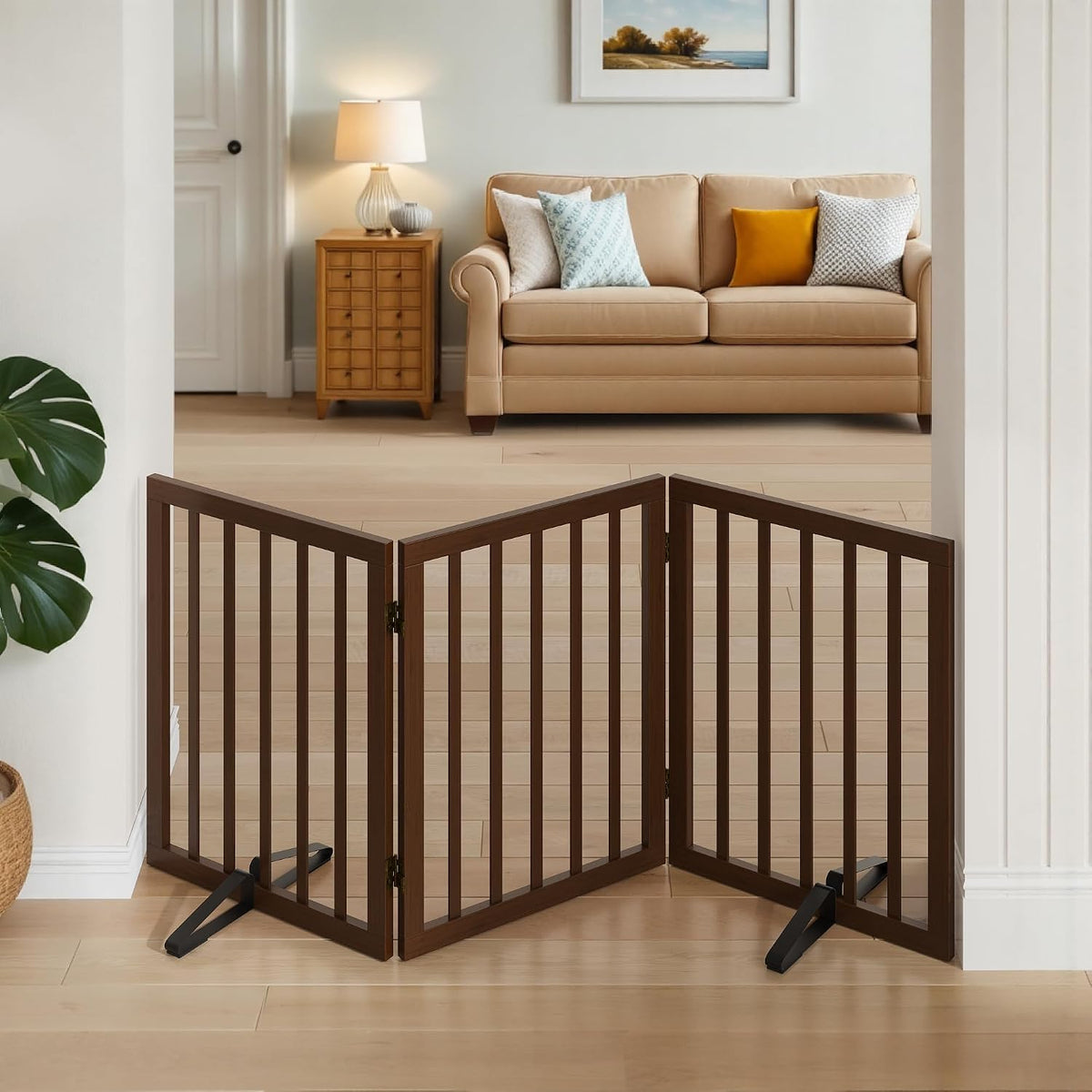 Wooden Dog Gate Freestanding Foldable 4 Panel Pet Gates Extra Wide Dog Gates for Indoor Doorways Stairs 24in Height Support Feet Included