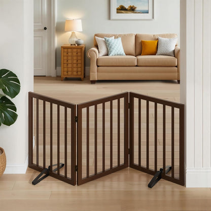 Wooden Dog Gate Freestanding Foldable 4 Panel Pet Gates Extra Wide Dog Gates for Indoor Doorways Stairs 24in Height Support Feet Included