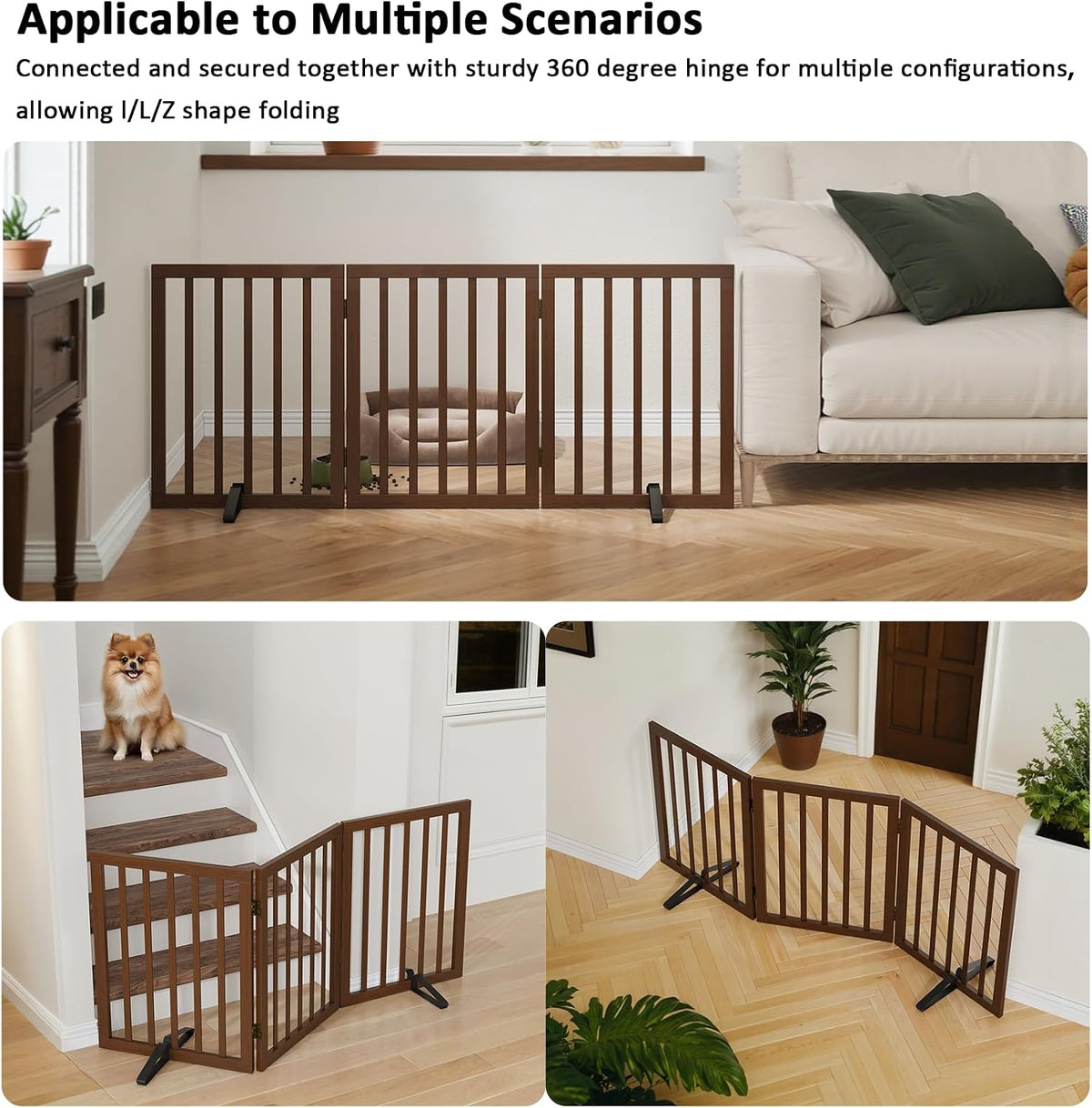 Wooden Dog Gate Freestanding Foldable 4 Panel Pet Gates Extra Wide Dog Gates for Indoor Doorways Stairs 24in Height Support Feet Included