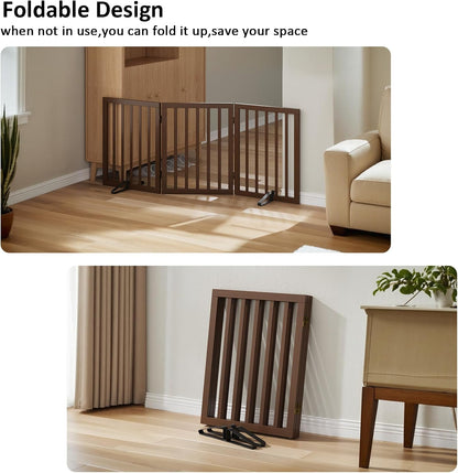 Wooden Dog Gate Freestanding Foldable 4 Panel Pet Gates Extra Wide Dog Gates for Indoor Doorways Stairs 24in Height Support Feet Included