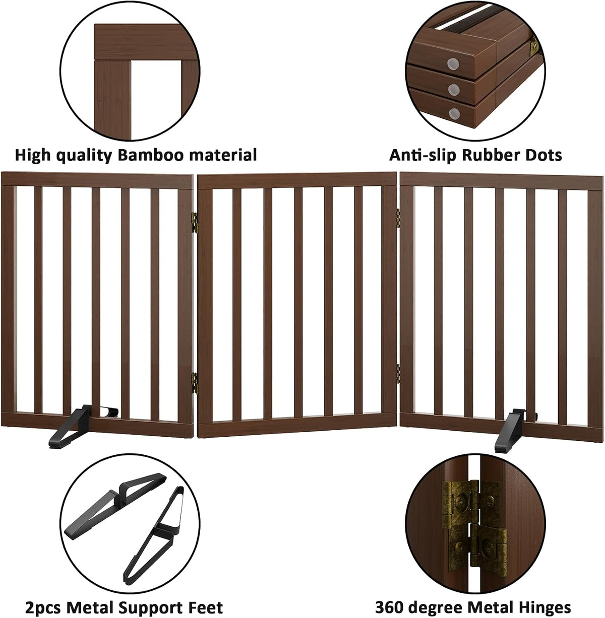 Wooden Dog Gate Freestanding Foldable 4 Panel Pet Gates Extra Wide Dog Gates for Indoor Doorways Stairs 24in Height Support Feet Included