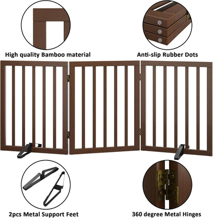 Wooden Dog Gate Freestanding Foldable 4 Panel Pet Gates Extra Wide Dog Gates for Indoor Doorways Stairs 24in Height Support Feet Included
