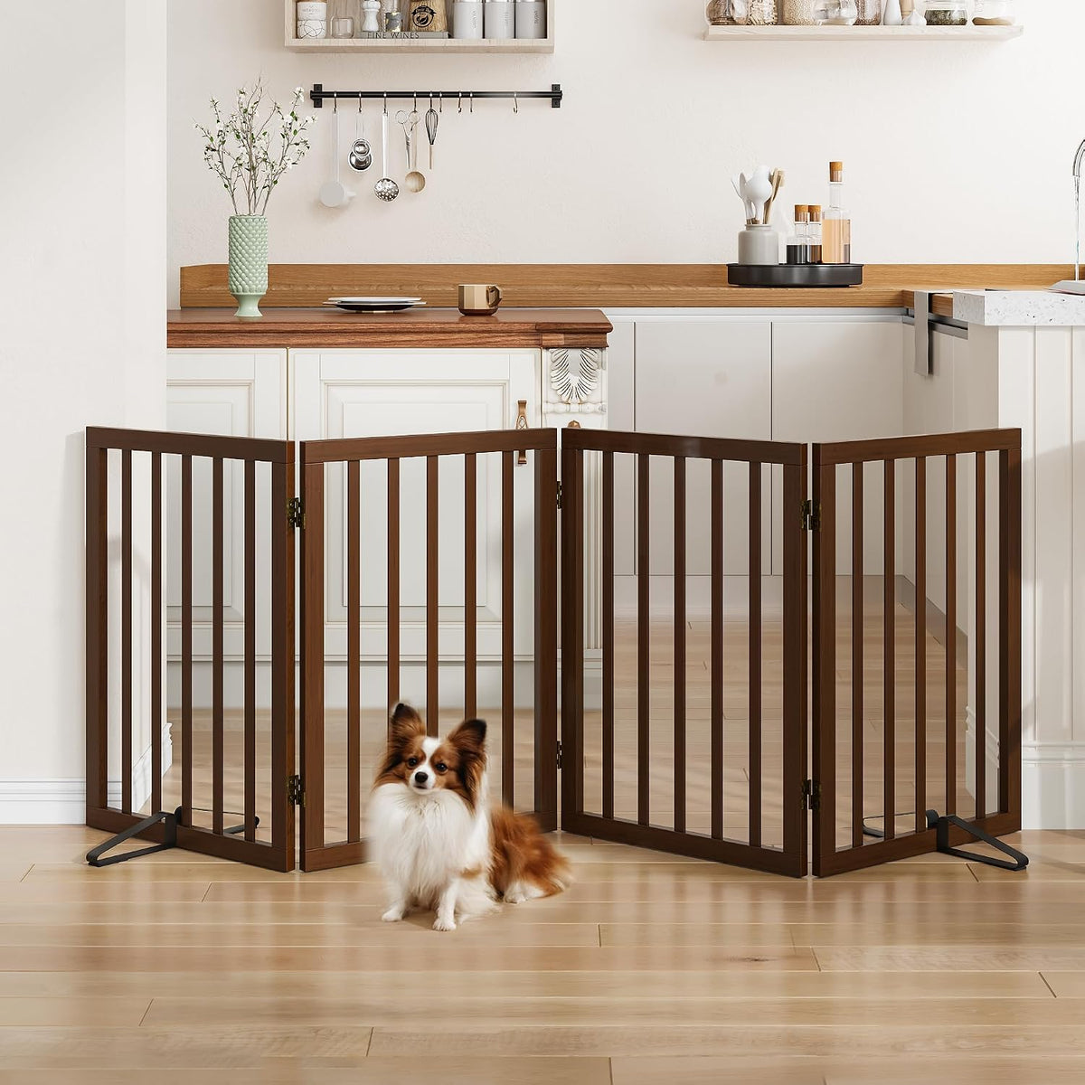 Wooden Dog Gate Freestanding Foldable 4 Panel Pet Gates Extra Wide Dog Gates for Indoor Doorways Stairs 24in Height Support Feet Included