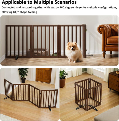 Wooden Dog Gate Freestanding Foldable 4 Panel Pet Gates Extra Wide Dog Gates for Indoor Doorways Stairs 24in Height Support Feet Included