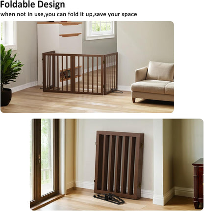 Wooden Dog Gate Freestanding Foldable 4 Panel Pet Gates Extra Wide Dog Gates for Indoor Doorways Stairs 24in Height Support Feet Included