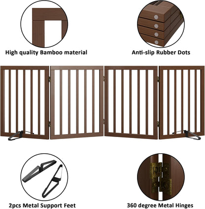Wooden Dog Gate Freestanding Foldable 4 Panel Pet Gates Extra Wide Dog Gates for Indoor Doorways Stairs 24in Height Support Feet Included