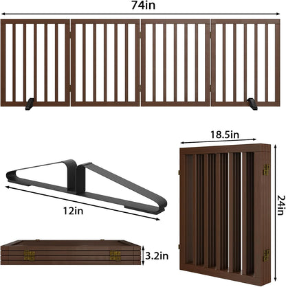 Wooden Dog Gate Freestanding Foldable 4 Panel Pet Gates Extra Wide Dog Gates for Indoor Doorways Stairs 24in Height Support Feet Included