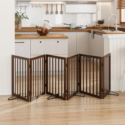 Wooden Dog Gate Freestanding Foldable 4 Panel Pet Gates Extra Wide Dog Gates for Indoor Doorways Stairs 24in Height Support Feet Included