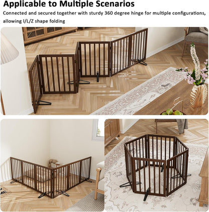 Wooden Dog Gate Freestanding Foldable 4 Panel Pet Gates Extra Wide Dog Gates for Indoor Doorways Stairs 24in Height Support Feet Included