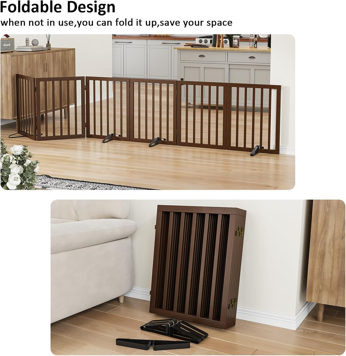 Wooden Dog Gate Freestanding Foldable 4 Panel Pet Gates Extra Wide Dog Gates for Indoor Doorways Stairs 24in Height Support Feet Included