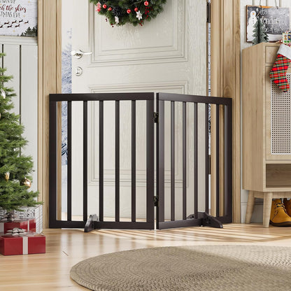 Wooden Dog Gate Freestanding Foldable 4 Panel Pet Gates Extra Wide Dog Gates for Indoor Doorways Stairs 24in Height Support Feet Included