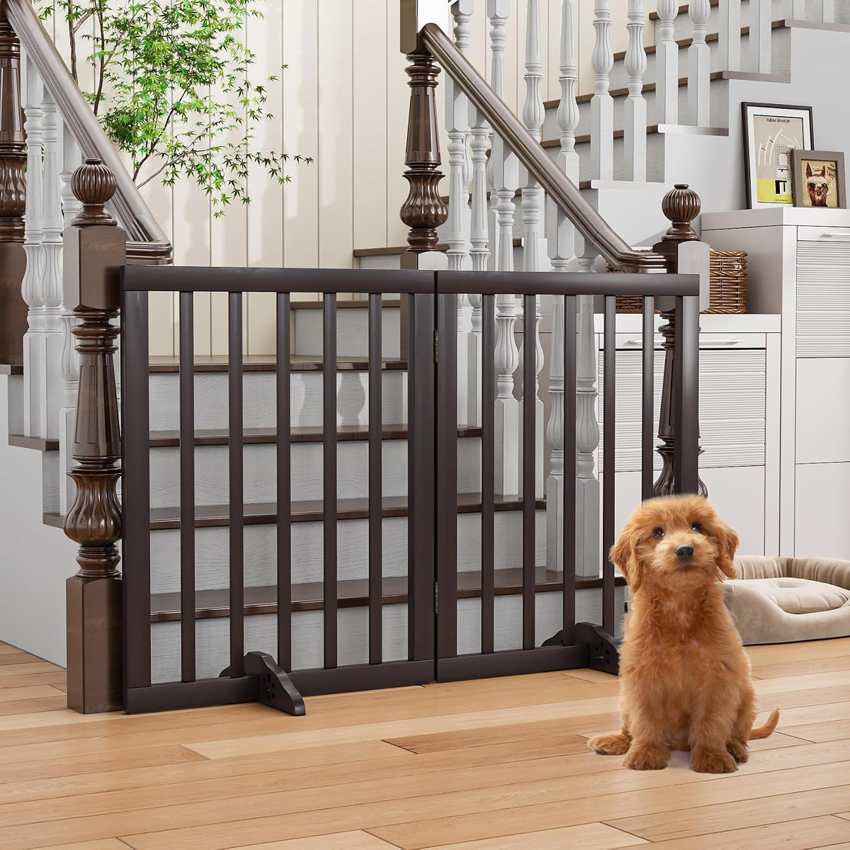 Wooden Dog Gate Freestanding Foldable 4 Panel Pet Gates Extra Wide Dog Gates for Indoor Doorways Stairs 24in Height Support Feet Included