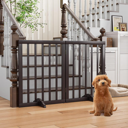 Wooden Dog Gate Freestanding Foldable 4 Panel Pet Gates Extra Wide Dog Gates for Indoor Doorways Stairs 24in Height Support Feet Included