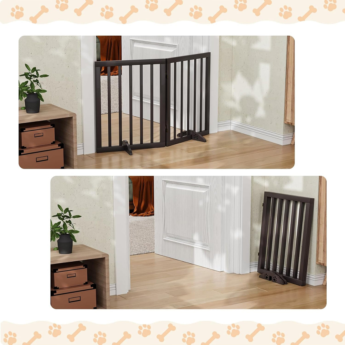 Wooden Dog Gate Freestanding Foldable 4 Panel Pet Gates Extra Wide Dog Gates for Indoor Doorways Stairs 24in Height Support Feet Included