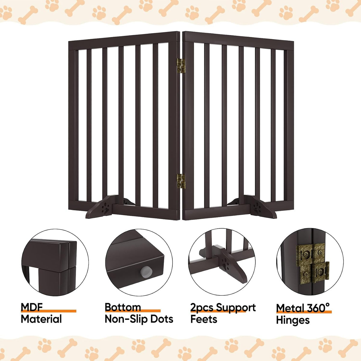 Wooden Dog Gate Freestanding Foldable 4 Panel Pet Gates Extra Wide Dog Gates for Indoor Doorways Stairs 24in Height Support Feet Included