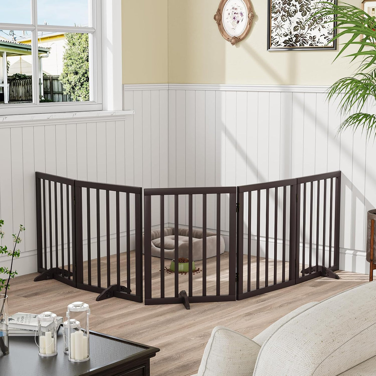 Wooden Dog Gate Freestanding Foldable 4 Panel Pet Gates Extra Wide Dog Gates for Indoor Doorways Stairs 24in Height Support Feet Included