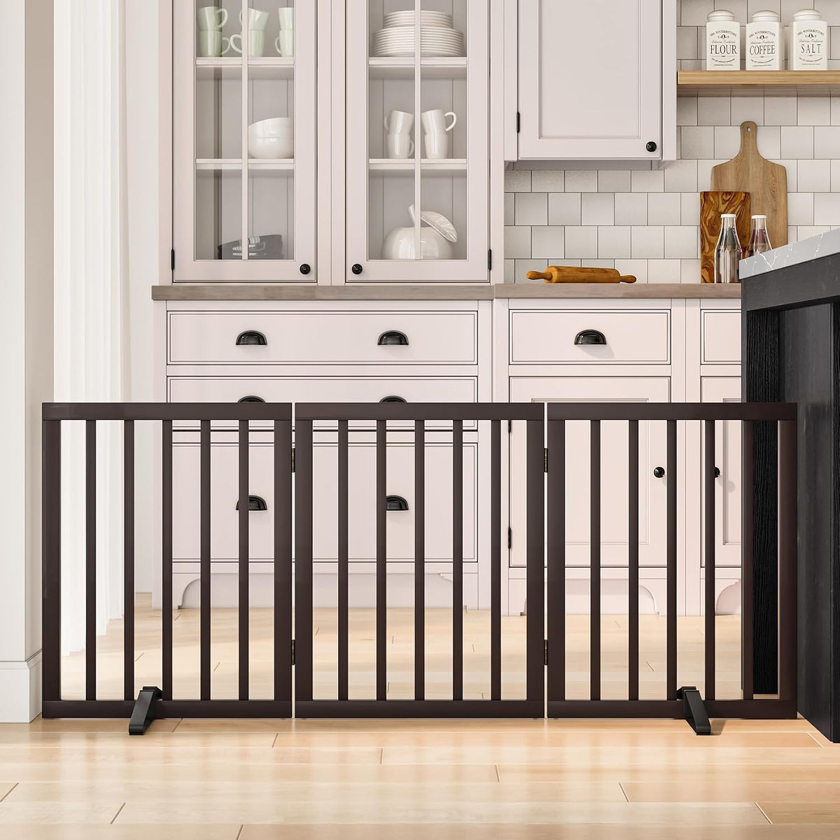 Wooden Dog Gate Freestanding Foldable 4 Panel Pet Gates Extra Wide Dog Gates for Indoor Doorways Stairs 24in Height Support Feet Included