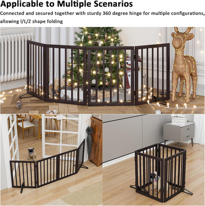 Wooden Dog Gate Freestanding Foldable 4 Panel Pet Gates Extra Wide Dog Gates for Indoor Doorways Stairs 24in Height Support Feet Included