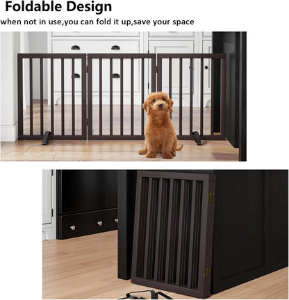 Wooden Dog Gate Freestanding Foldable 4 Panel Pet Gates Extra Wide Dog Gates for Indoor Doorways Stairs 24in Height Support Feet Included