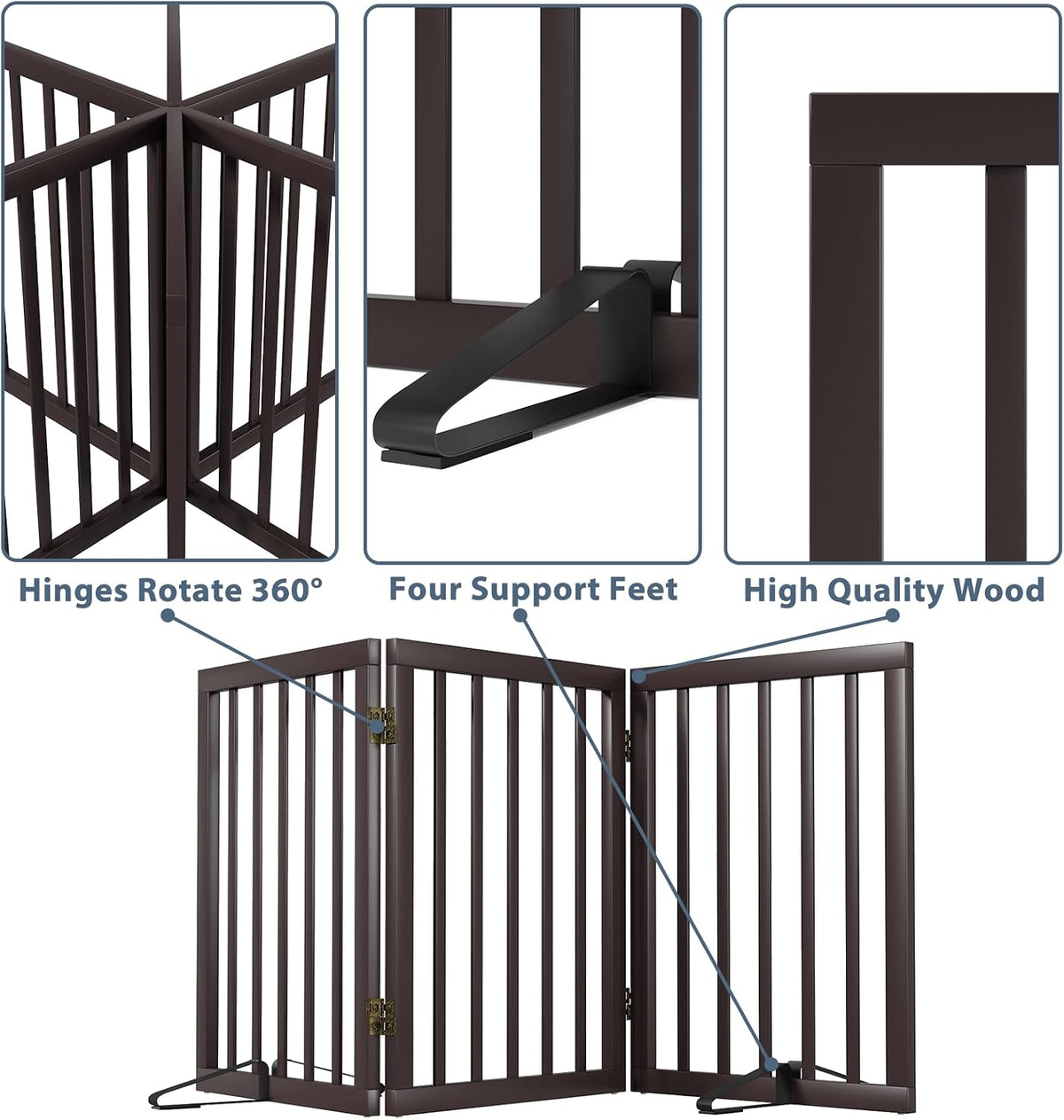 Wooden Dog Gate Freestanding Foldable 4 Panel Pet Gates Extra Wide Dog Gates for Indoor Doorways Stairs 24in Height Support Feet Included