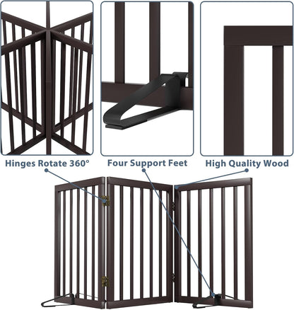 Wooden Dog Gate Freestanding Foldable 4 Panel Pet Gates Extra Wide Dog Gates for Indoor Doorways Stairs 24in Height Support Feet Included