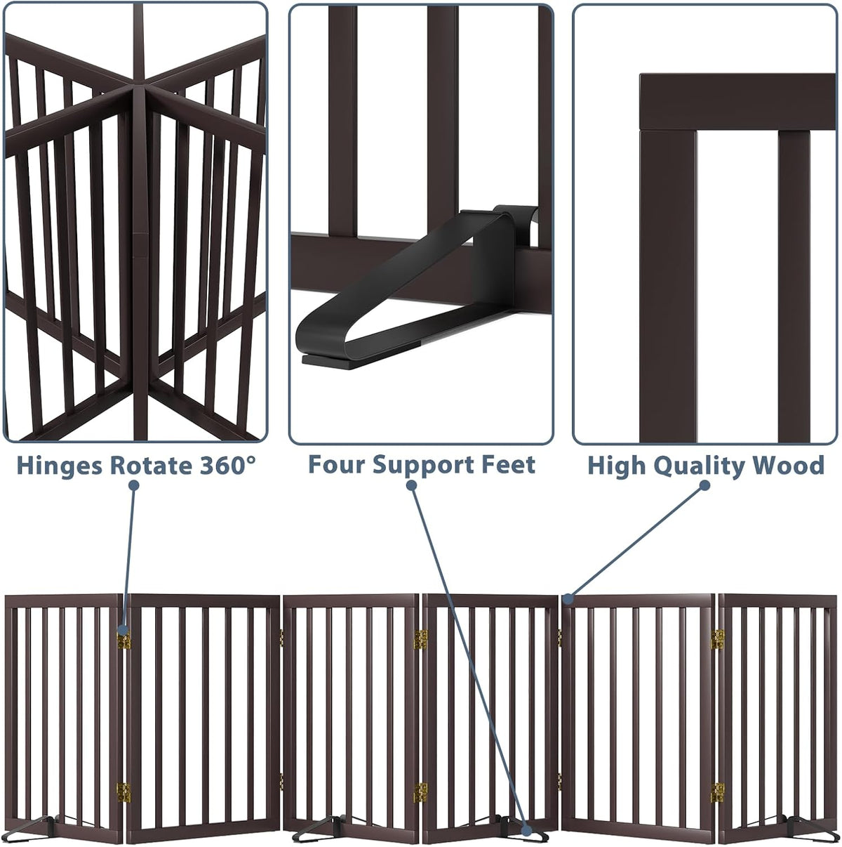 Wooden Dog Gate Freestanding Foldable 4 Panel Pet Gates Extra Wide Dog Gates for Indoor Doorways Stairs 24in Height Support Feet Included
