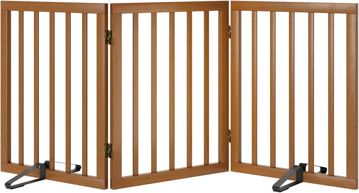 Wooden Dog Gate Freestanding Foldable 4 Panel Pet Gates Extra Wide Dog Gates for Indoor Doorways Stairs 24in Height Support Feet Included