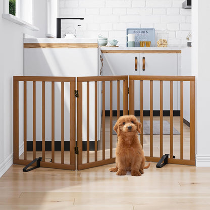 Wooden Dog Gate Freestanding Foldable 4 Panel Pet Gates Extra Wide Dog Gates for Indoor Doorways Stairs 24in Height Support Feet Included