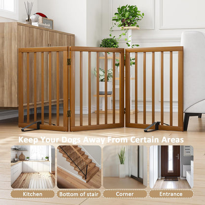 Wooden Dog Gate Freestanding Foldable 4 Panel Pet Gates Extra Wide Dog Gates for Indoor Doorways Stairs 24in Height Support Feet Included