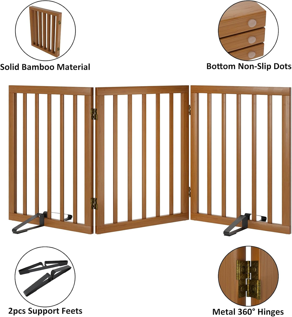 Wooden Dog Gate Freestanding Foldable 4 Panel Pet Gates Extra Wide Dog Gates for Indoor Doorways Stairs 24in Height Support Feet Included