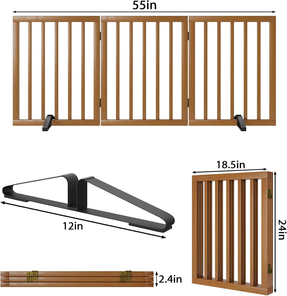 Wooden Dog Gate Freestanding Foldable 4 Panel Pet Gates Extra Wide Dog Gates for Indoor Doorways Stairs 24in Height Support Feet Included