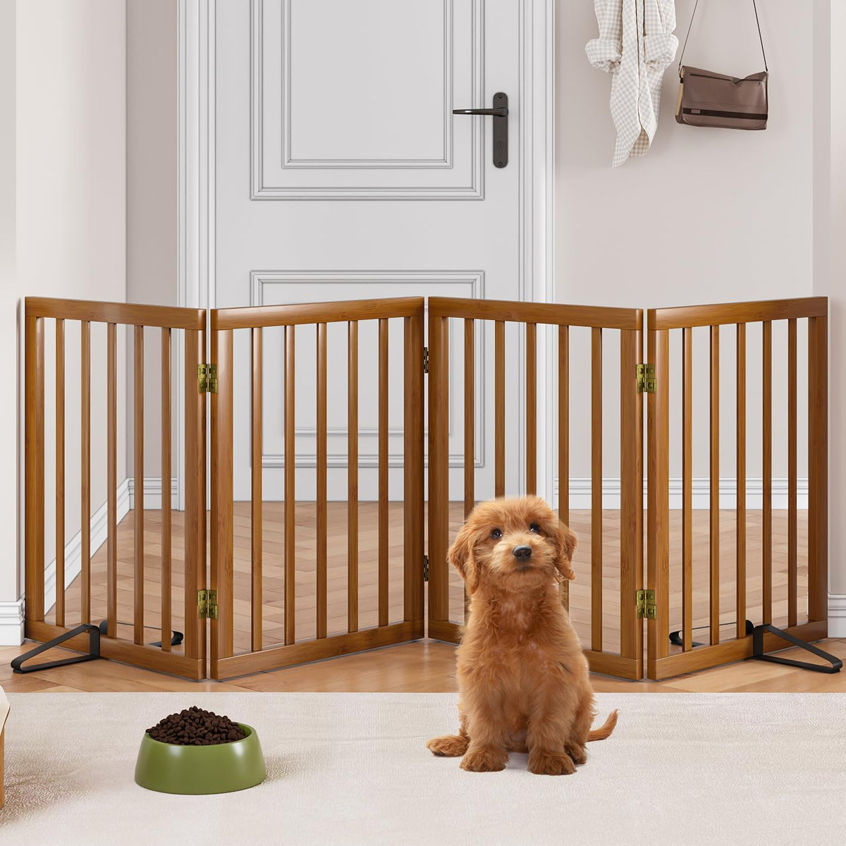 Wooden Dog Gate Freestanding Foldable 4 Panel Pet Gates Extra Wide Dog Gates for Indoor Doorways Stairs 24in Height Support Feet Included