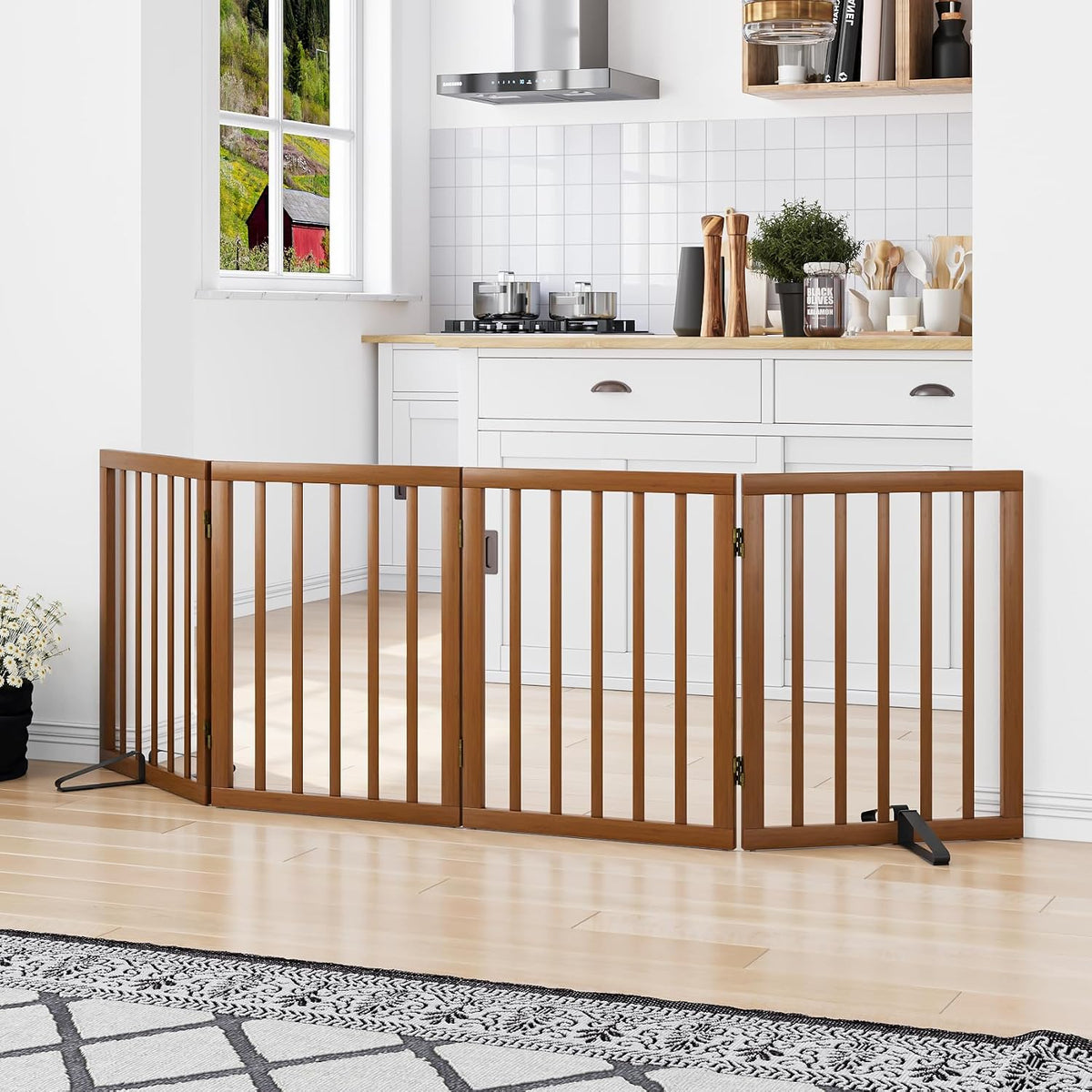 Wooden Dog Gate Freestanding Foldable 4 Panel Pet Gates Extra Wide Dog Gates for Indoor Doorways Stairs 24in Height Support Feet Included