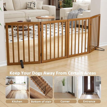 Wooden Dog Gate Freestanding Foldable 4 Panel Pet Gates Extra Wide Dog Gates for Indoor Doorways Stairs 24in Height Support Feet Included